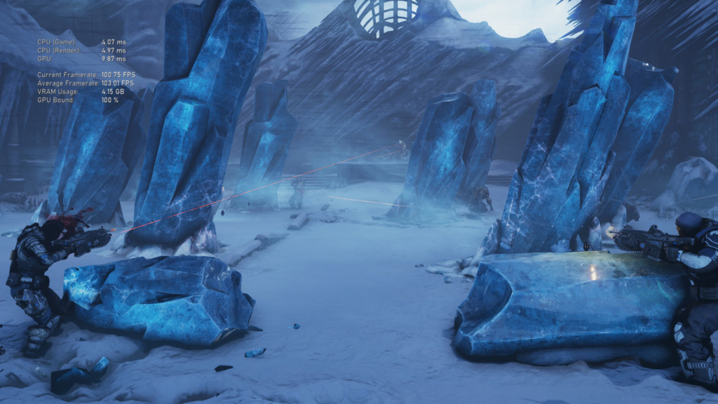 A screenshot of Gears 5’s benchmarking mode, with live stats