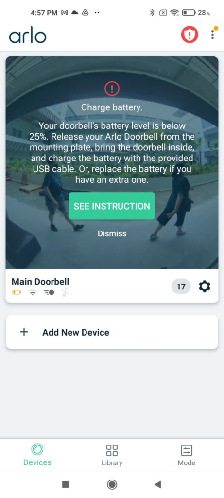 Arlo Essential Wire-Free Video Doorbell: App Battery Status