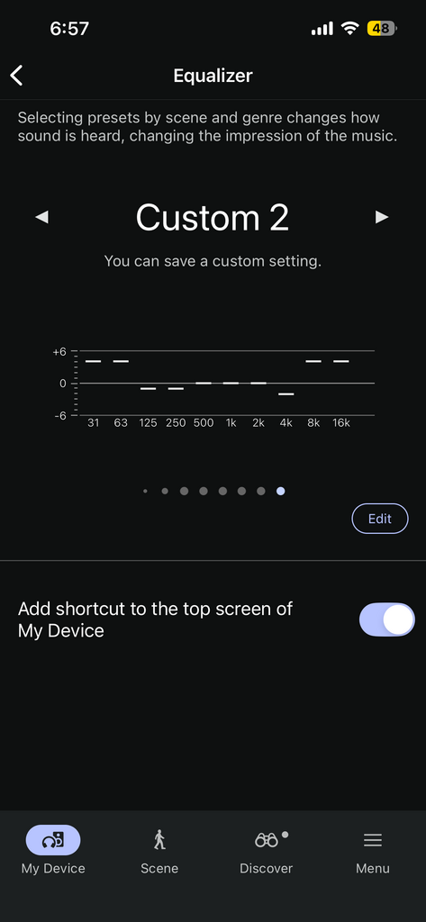 Sony WF-1000XM6 Equalizer Custom Settings Screenshot