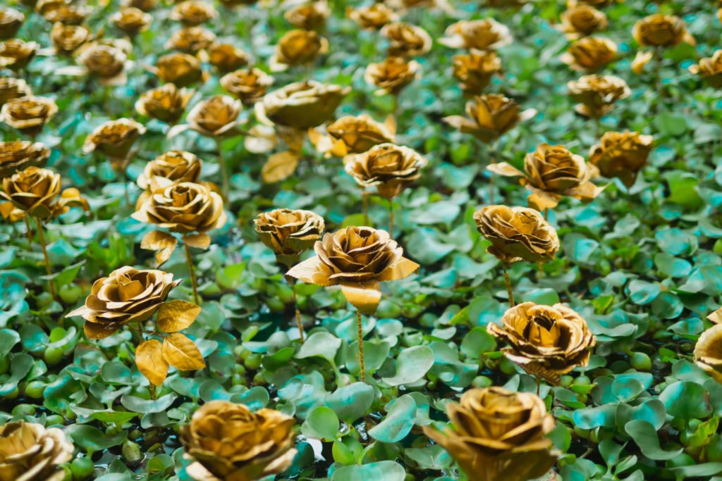 Awakenings Exhibition - Water Hyacinths With Gold Roses (Zoomed In)