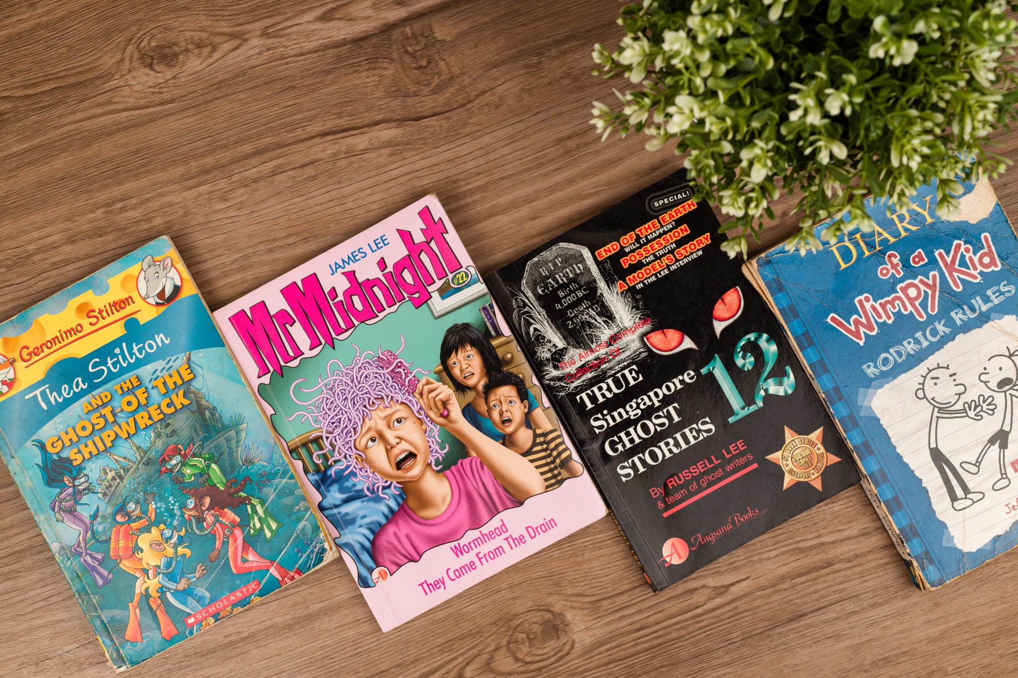 A spread of old-school children's books including Mr Midnight and Wimpy Kid
