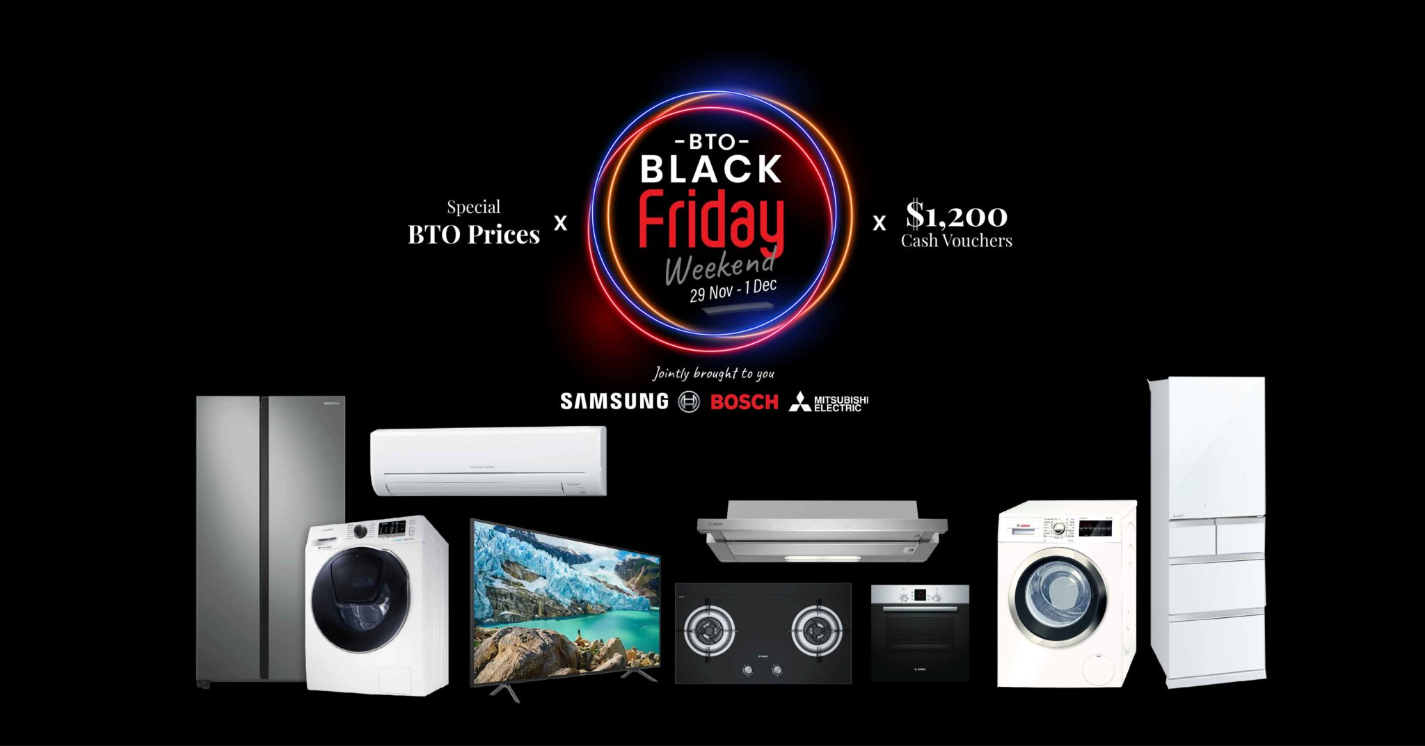 The Audio House Black Friday BTO event banner showing appliances and TVs