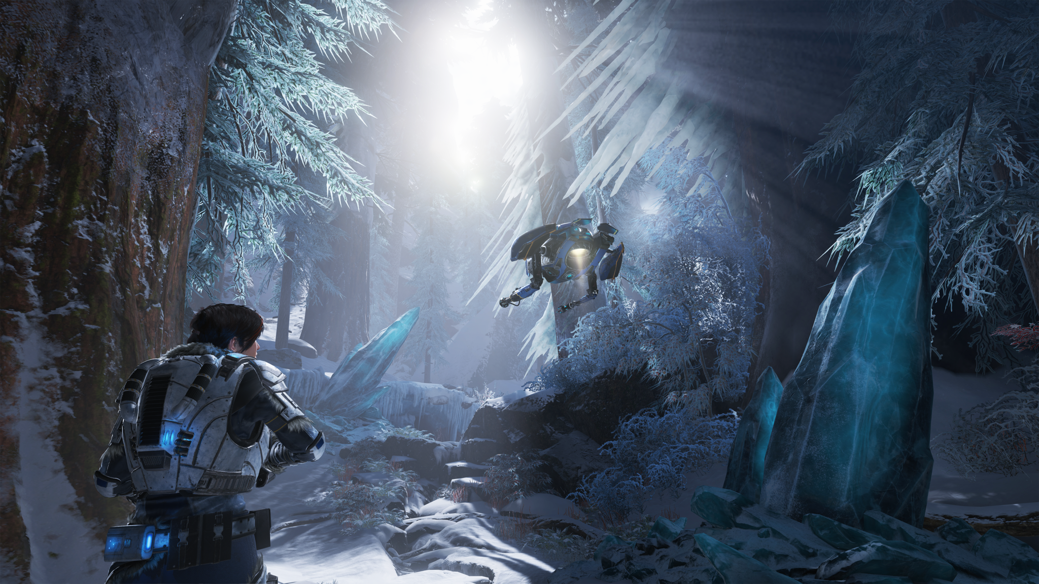 A character exploring an icy forest in Gears 5