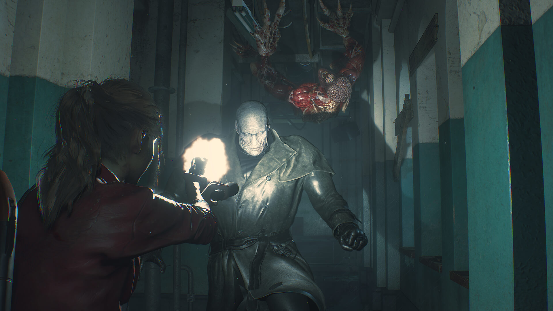 A scene from Resident Evil 2 Remake with a monster looming over a character