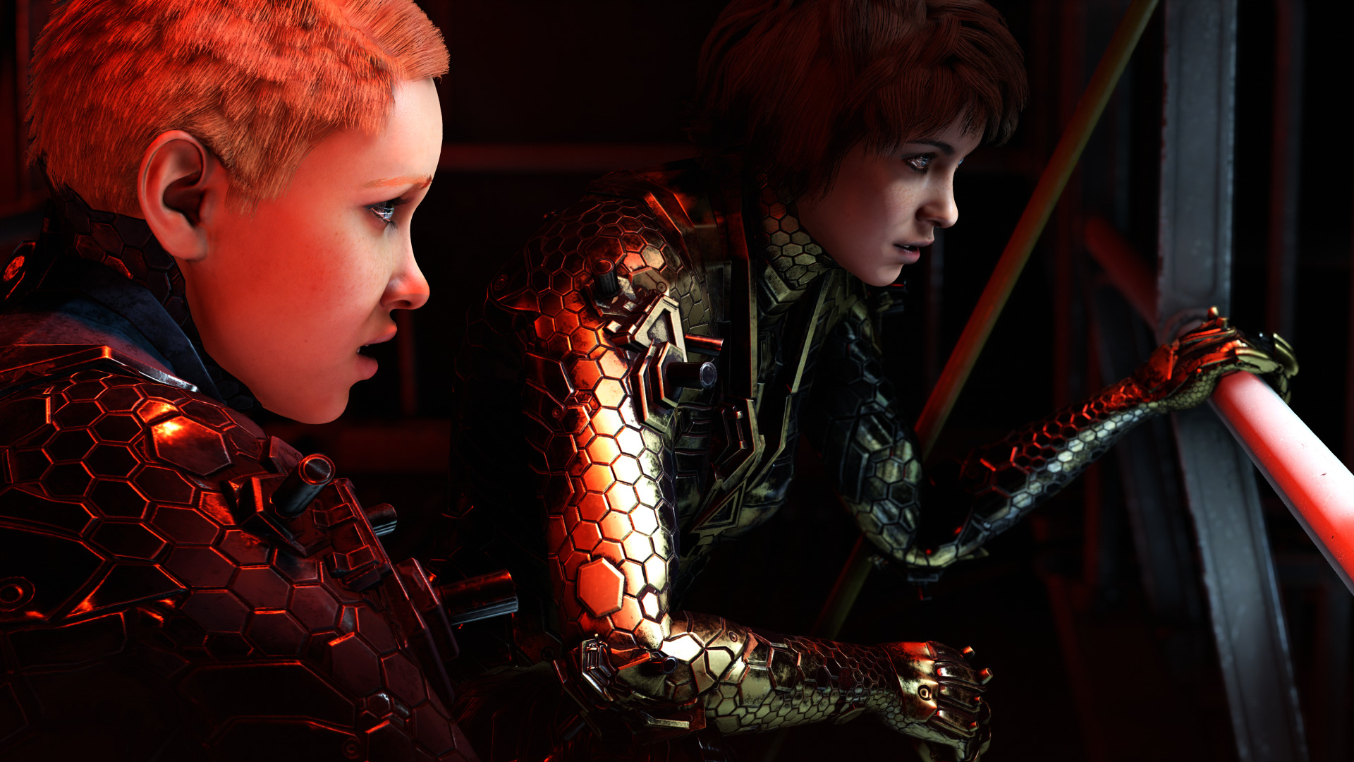The twin sisters Jess and Soph Blazkowicz looking out together in Wolfenstein: Youngblood