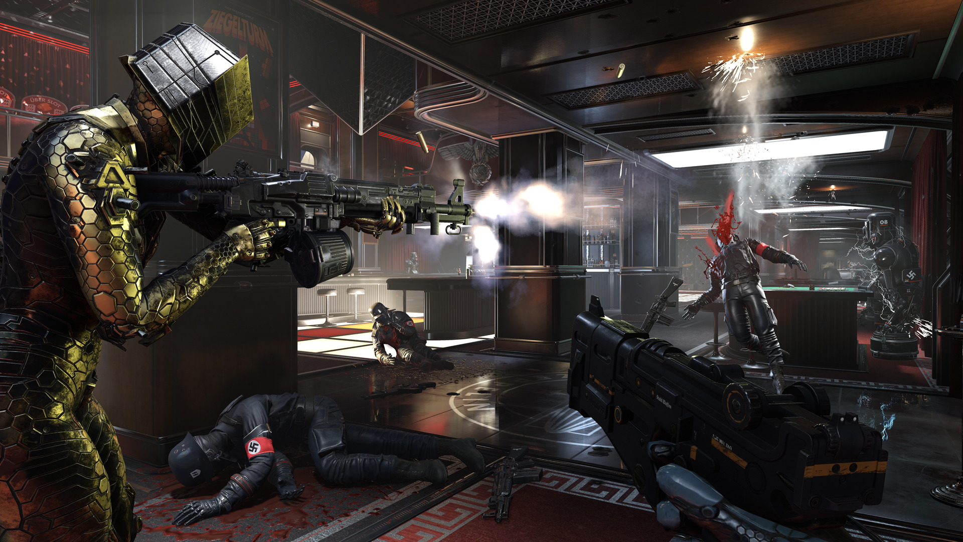 A firefight in Wolfenstein: Youngblood with a player firing at armoured soldiers