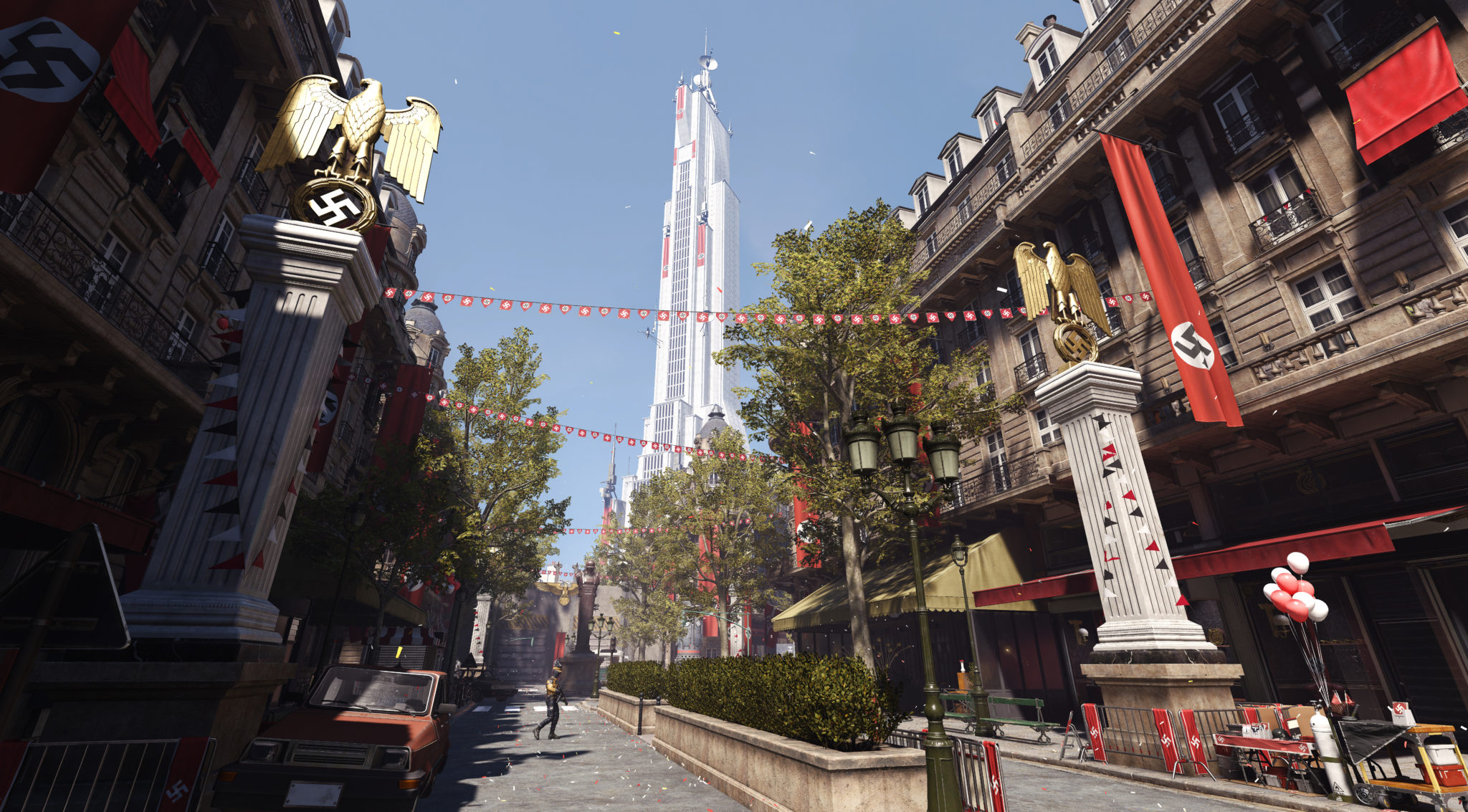 A sunlit street in occupied Paris with the tower in the distance in Wolfenstein: Youngblood