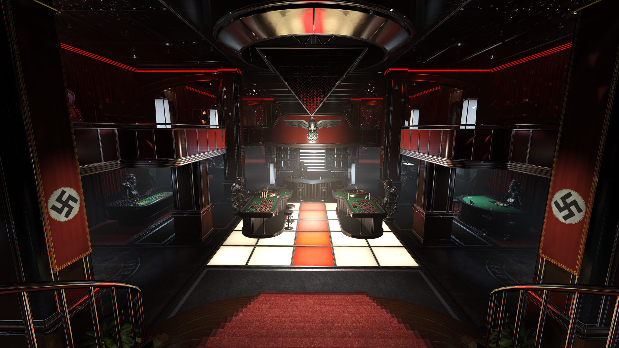 A red and black Nazi base interior in Wolfenstein: Youngblood