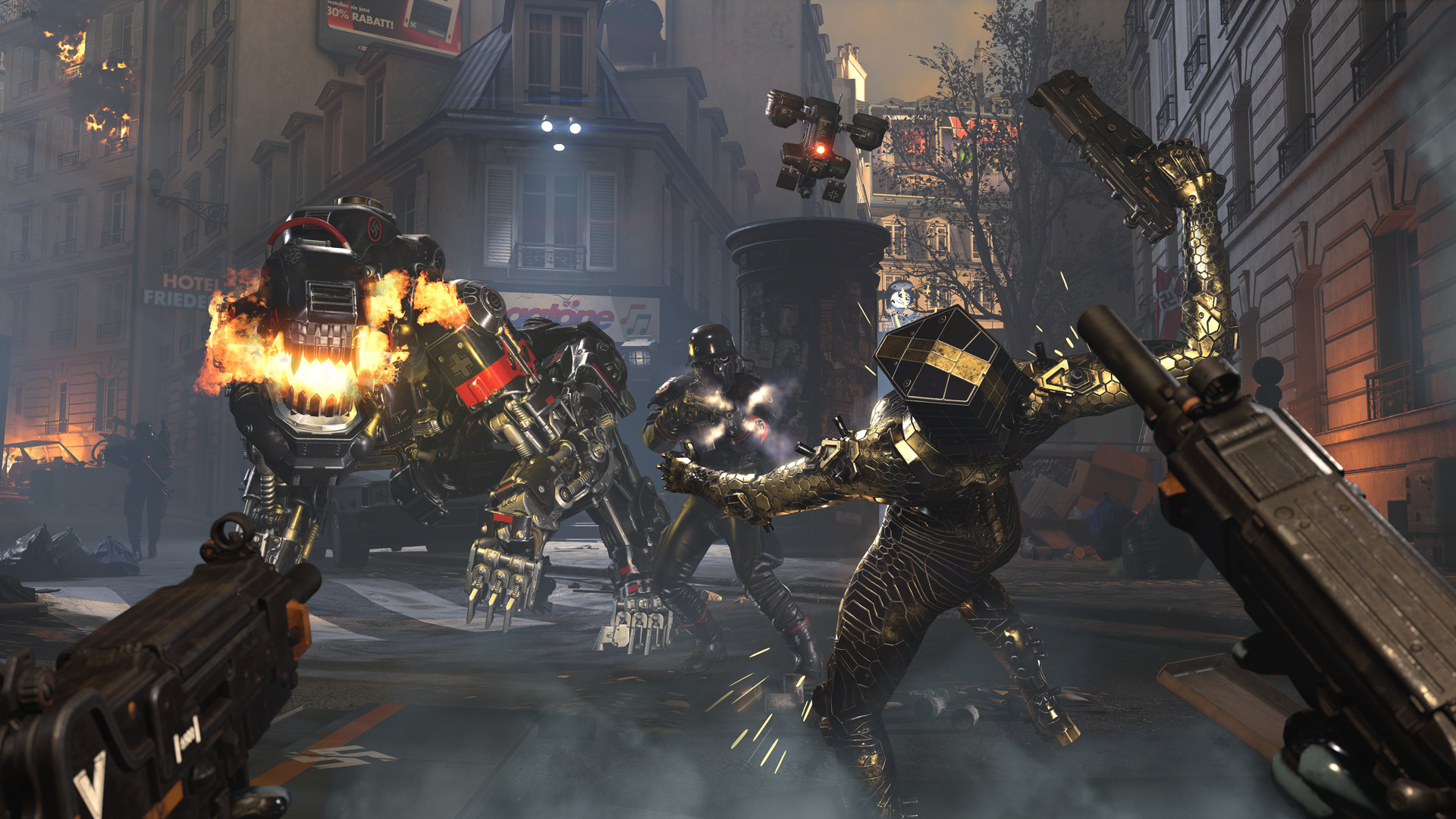 A player firing at a flaming mechanical enemy in Wolfenstein: Youngblood