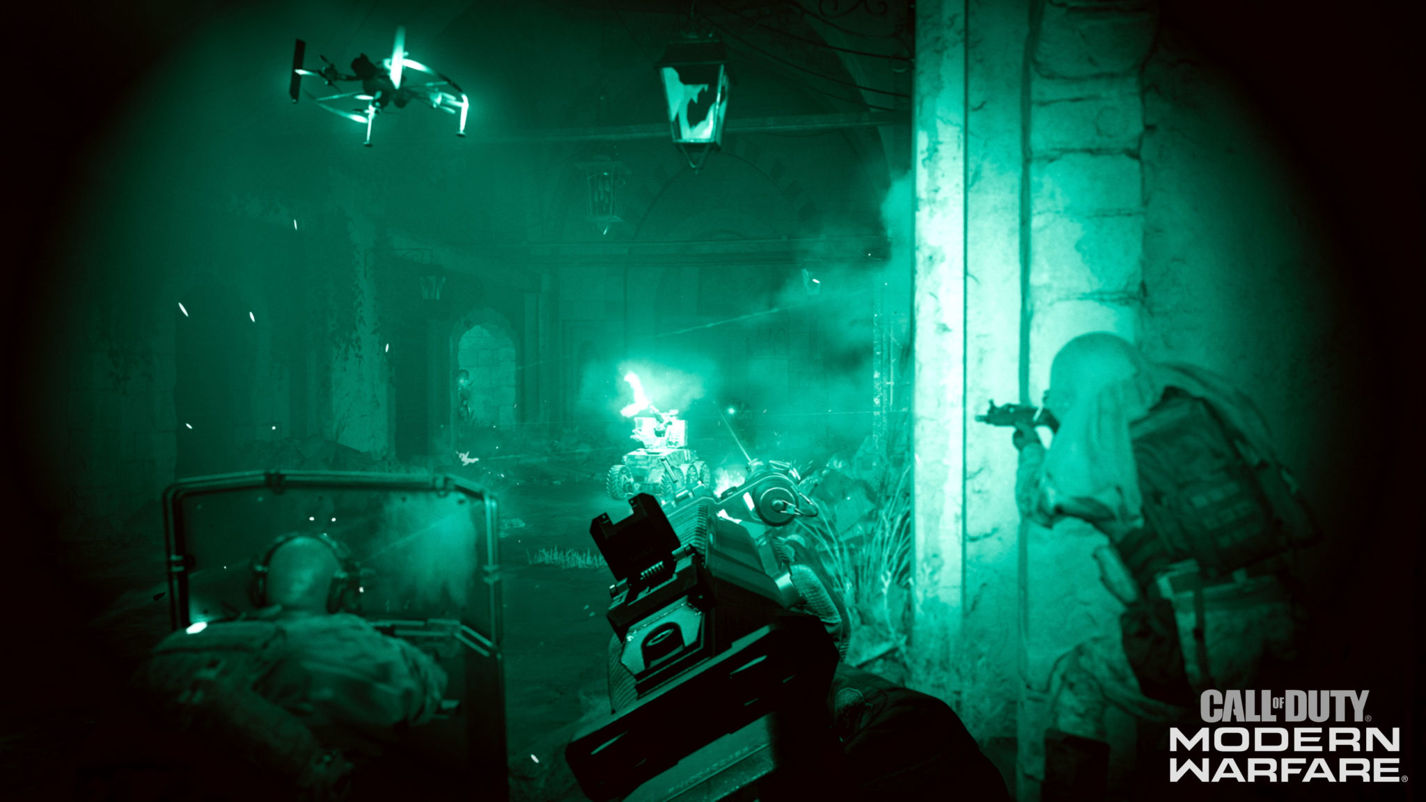 A green night-vision view of a raid in Call of Duty: Modern Warfare