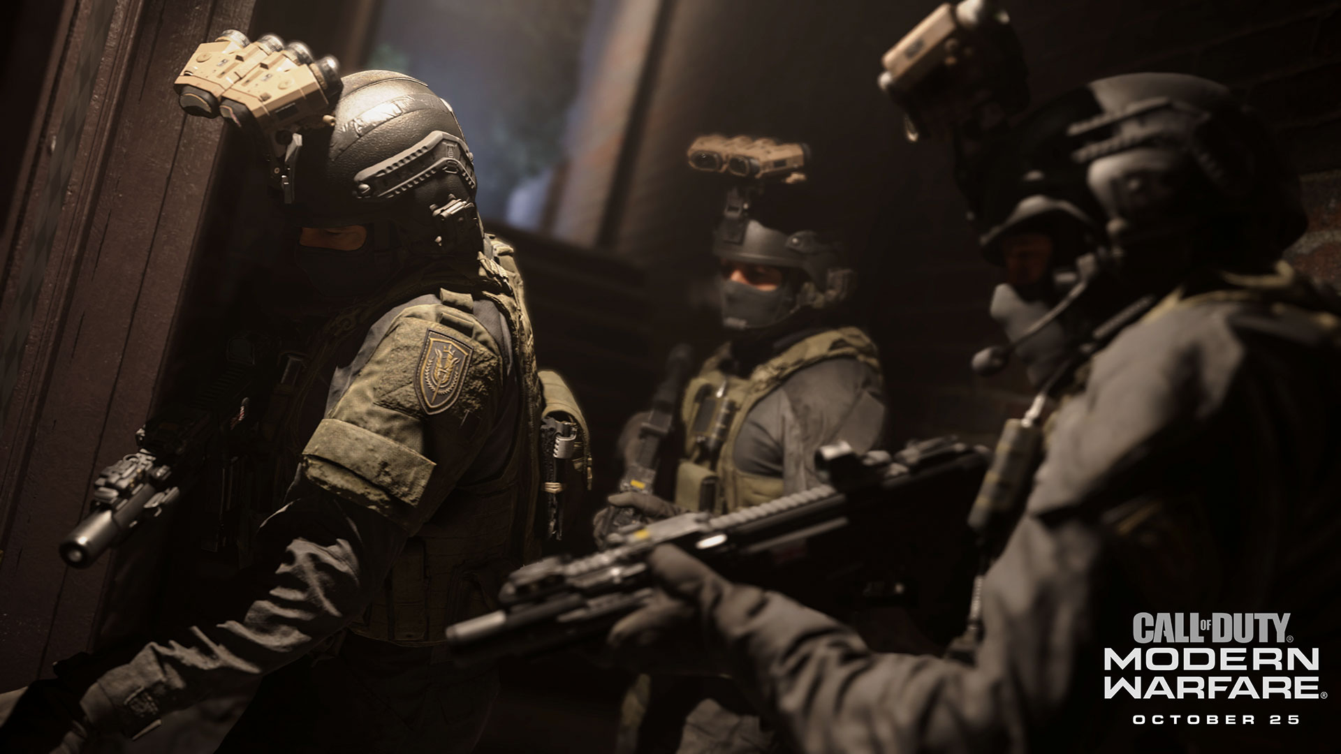 A squad of soldiers stacked at a door ready to breach in Call of Duty: Modern Warfare