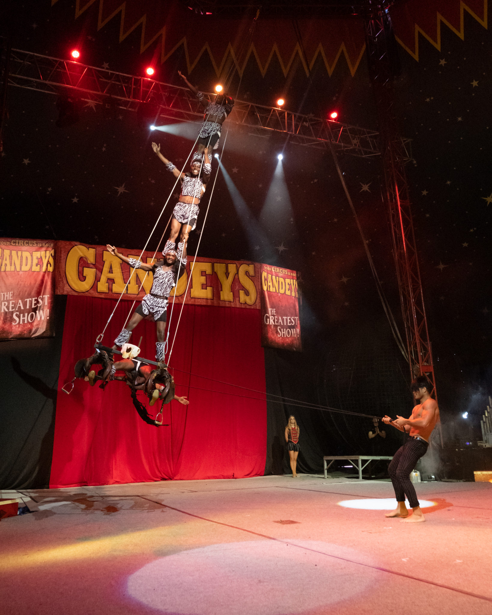 An acrobat performing high above the ring at The Great Circus of Europe