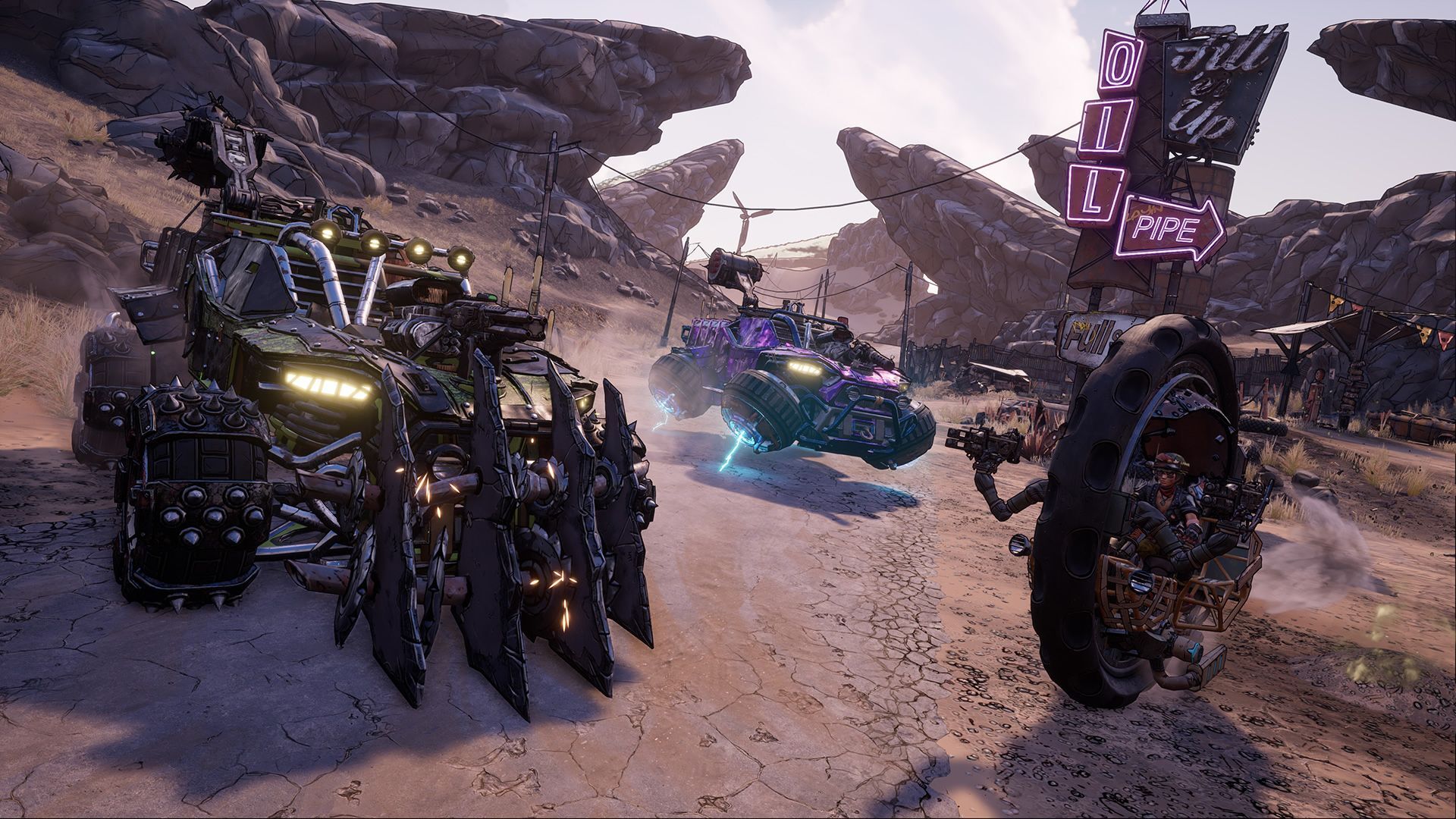 Armoured vehicles racing across a rocky desert in Borderlands 3
