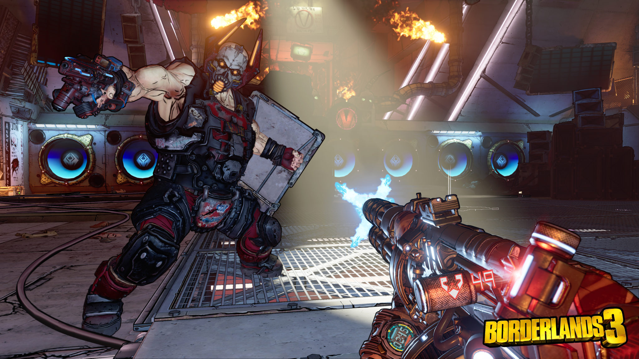 A player's gun pointing at a masked enemy beside loudspeakers in Borderlands 3