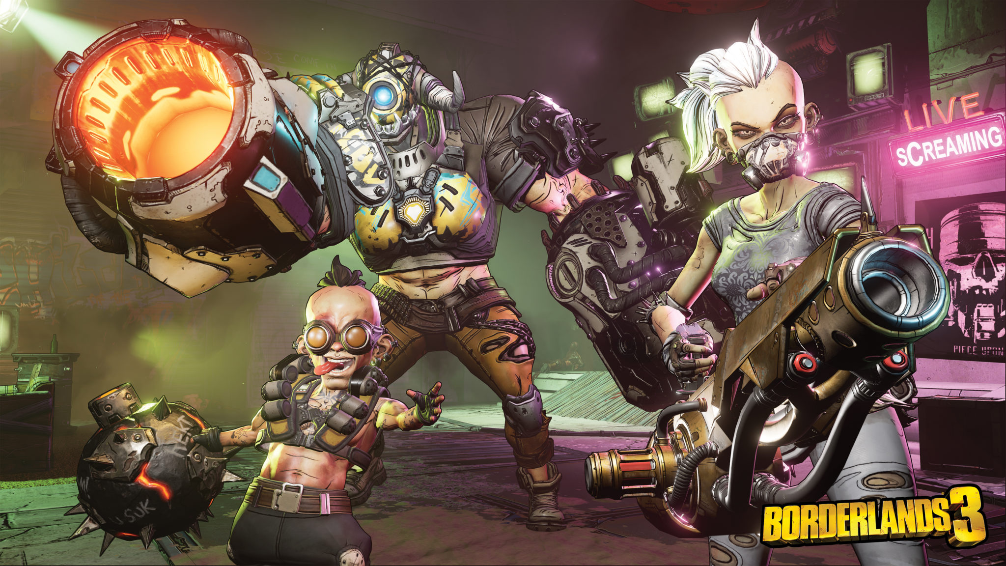 A group of characters in a neon-lit spot with large guns in Borderlands 3