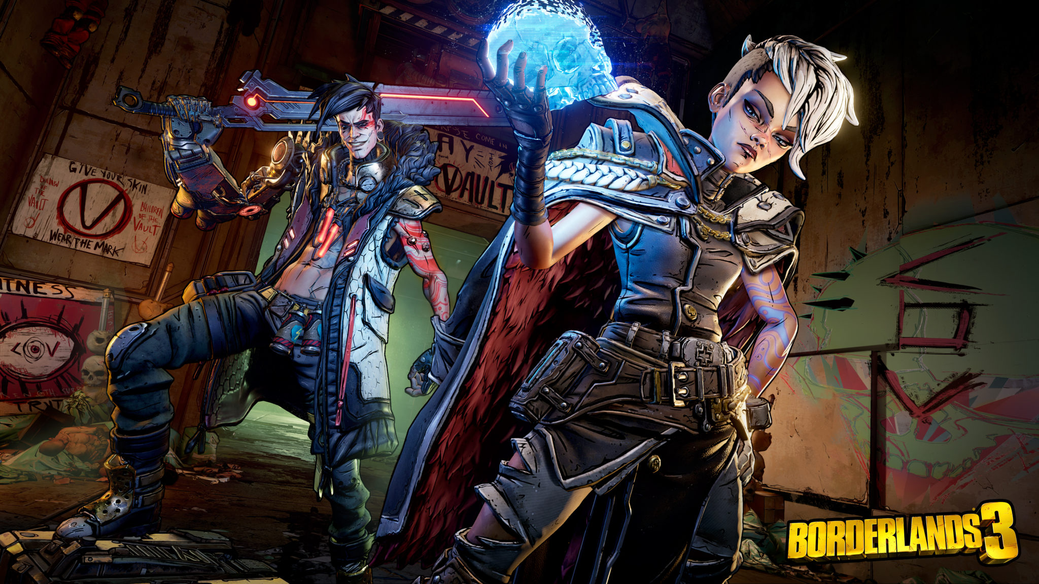 Two Vault Hunters posing in a street in Borderlands 3