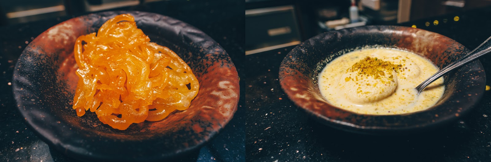 Jalebi in a copper dish beside a bowl of creamy dessert