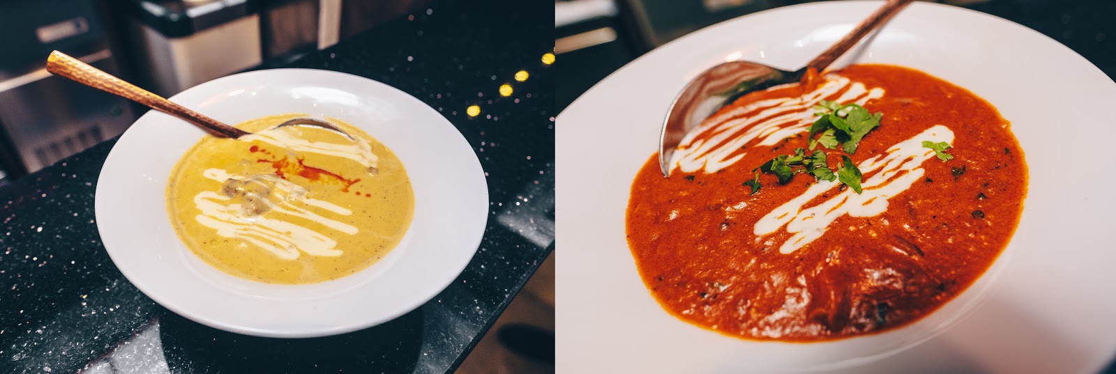 A bowl of Lucknow Murg Korma beside a bowl of Chicken Lababdar