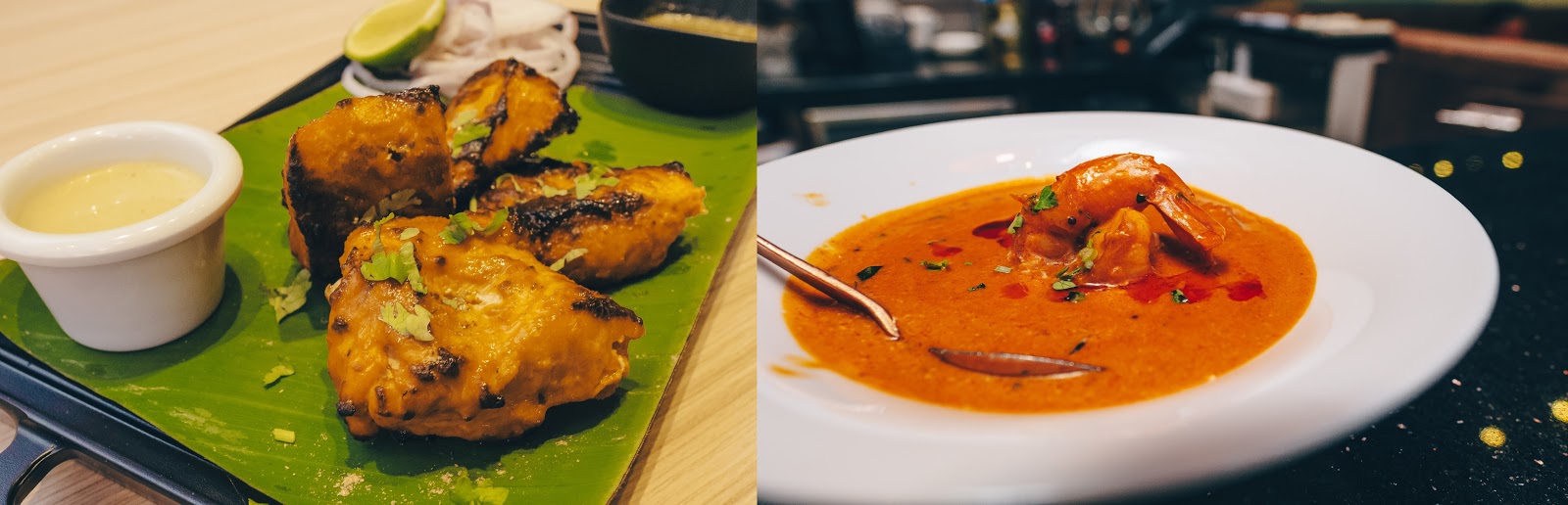 Salmon fish masala on a banana leaf beside a bowl of Madras prawn curry