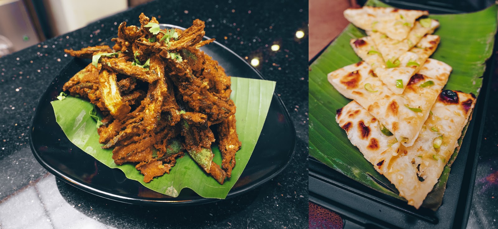 Crispy fried okra on a banana leaf beside slices of chilli cheese naan