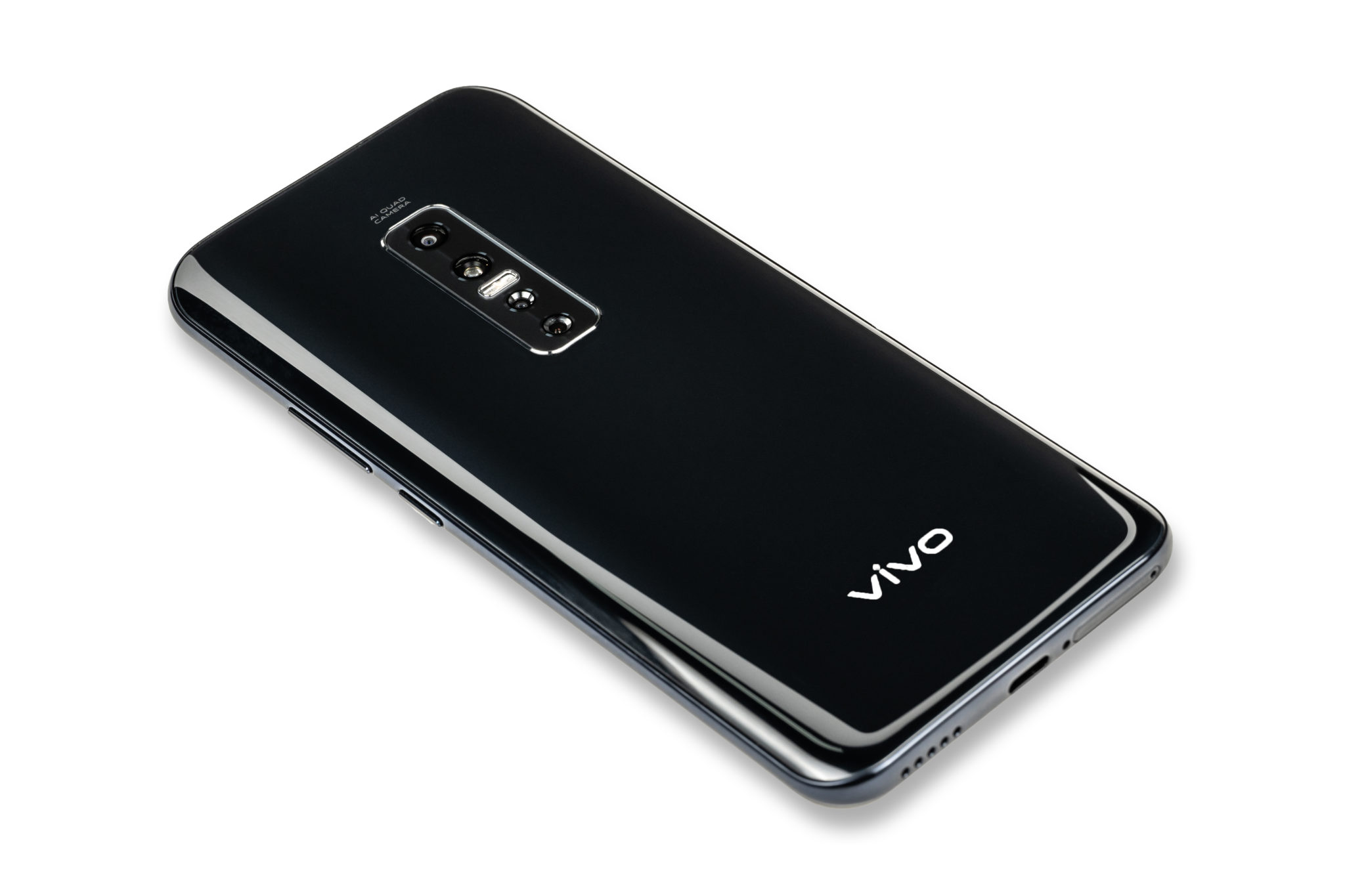 The black glass back of the Vivo V17 Pro with its four-camera module