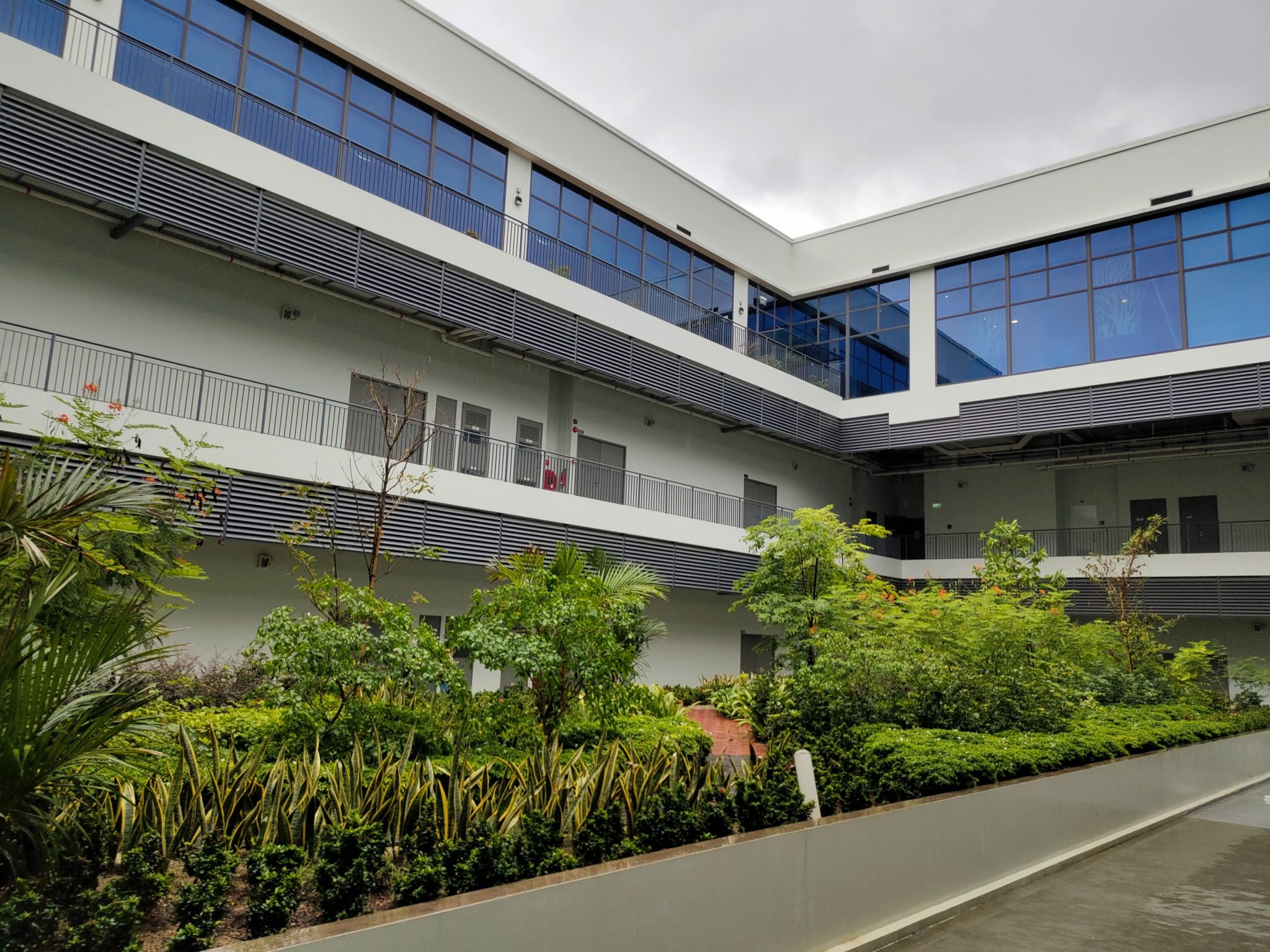 A courtyard of an office building with plants at the standard 1x zoom
