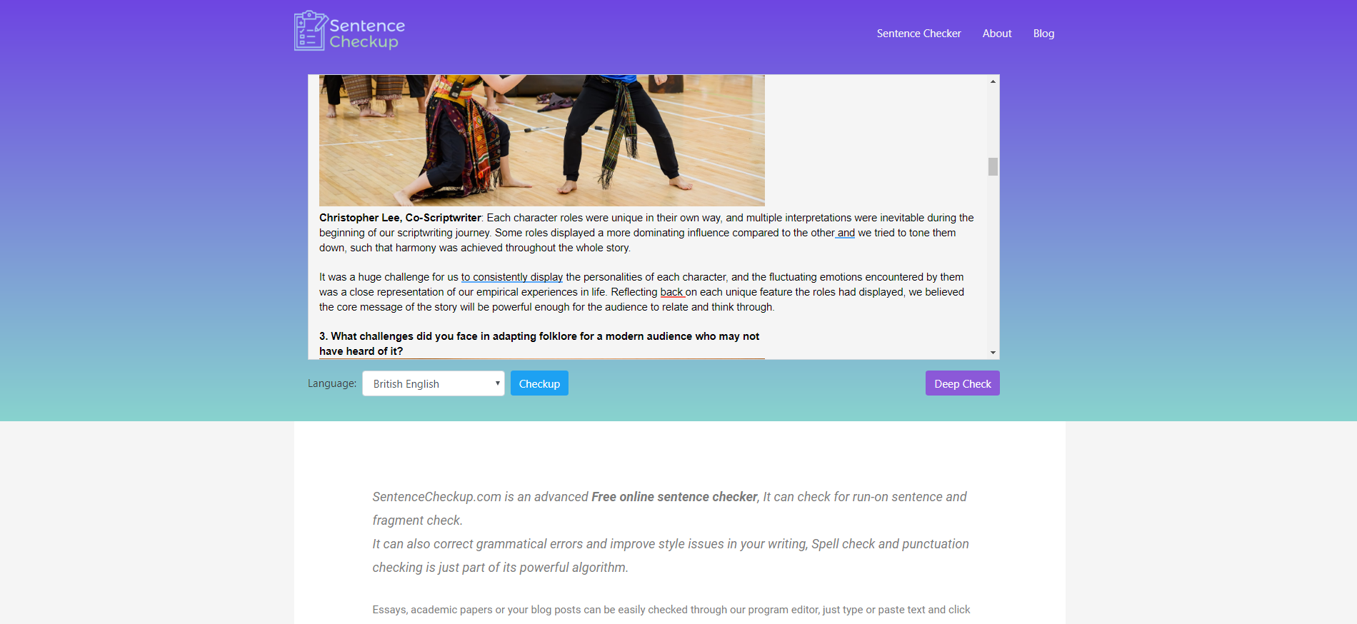 The SentenceCheckup website with a text box and a checked sample passage