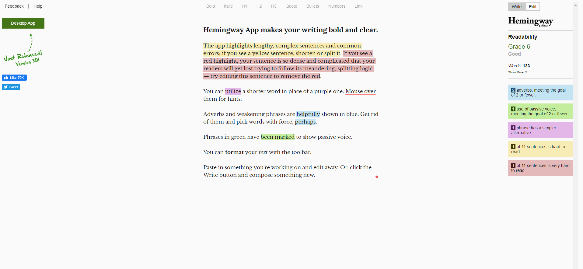 The Hemingway app highlighting hard-to-read sentences in colour