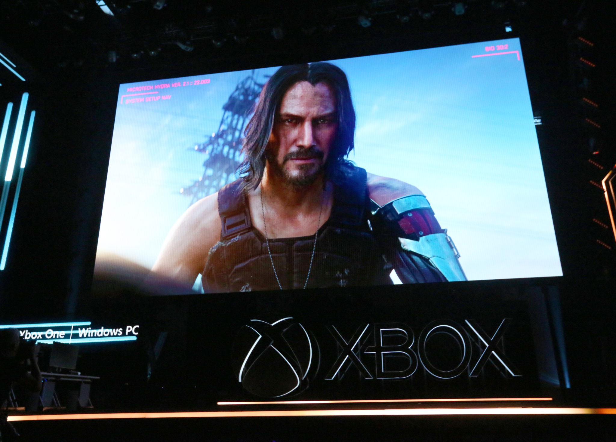 Keanu Reeves on stage at Microsoft's E3 2019 briefing introducing Cyberpunk 2077