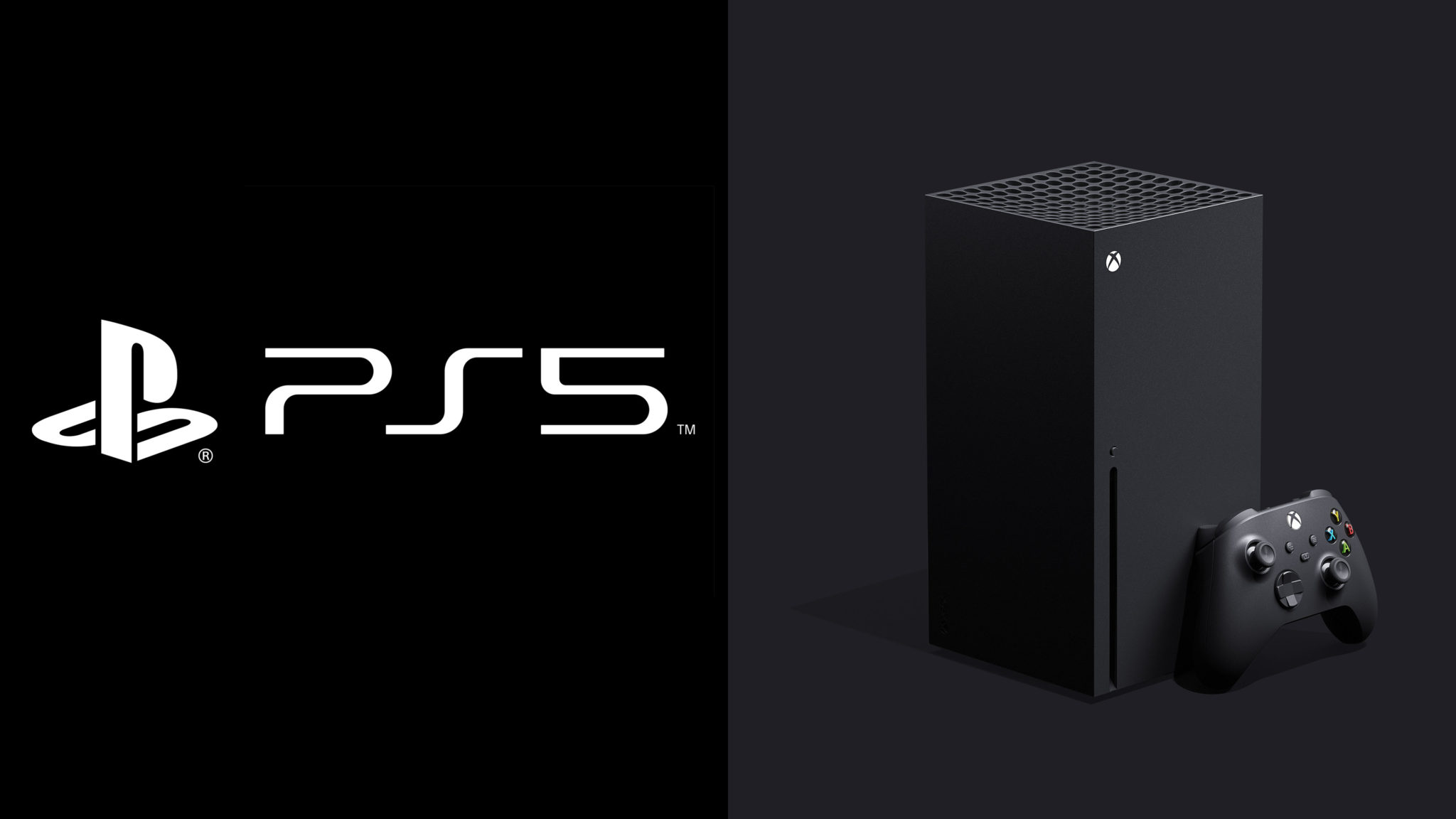 The PS5 logo beside the black tower of the Xbox Series X and its controller