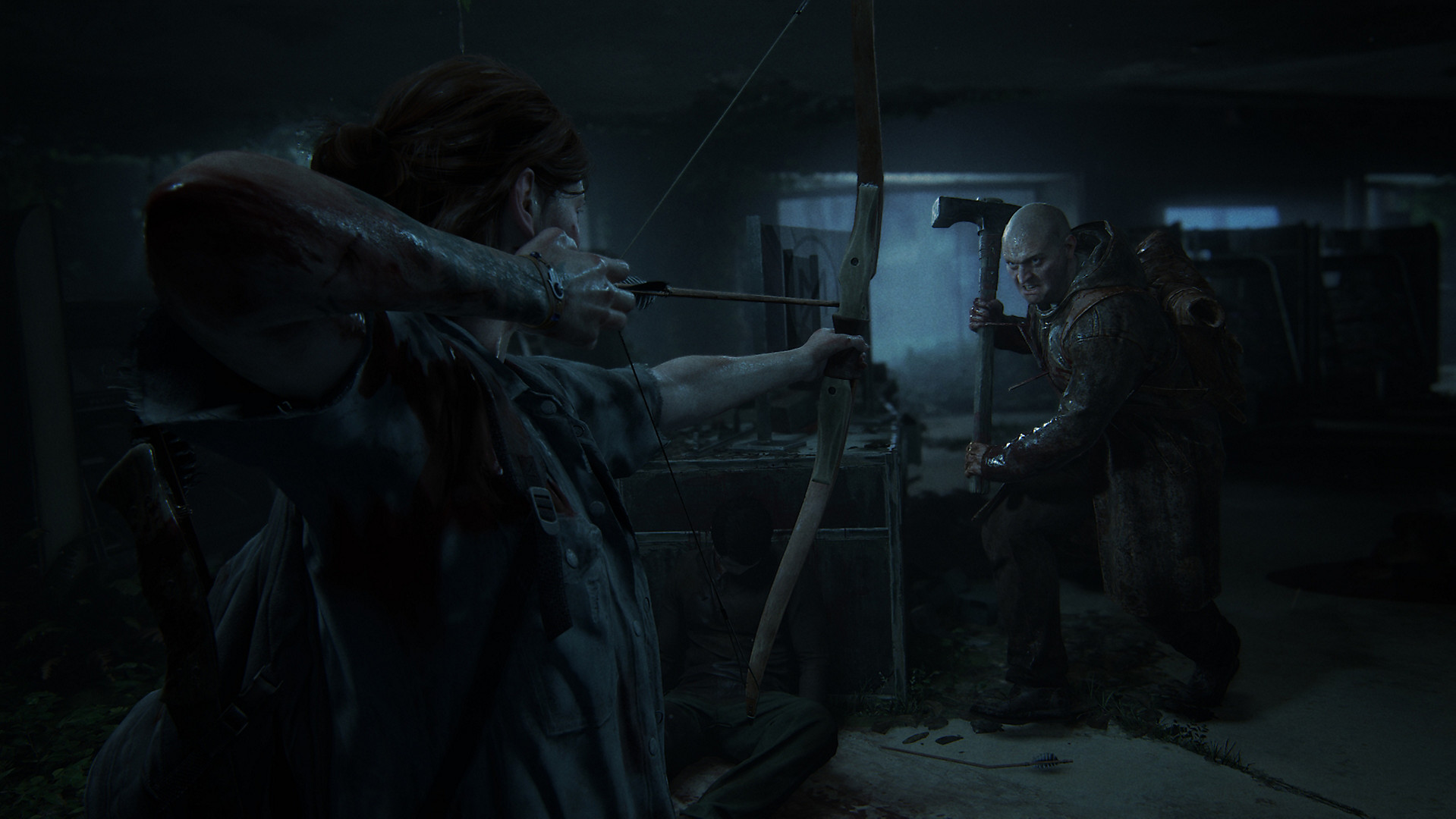 A dark Last of Us Part II scene with Ellie aiming a bow