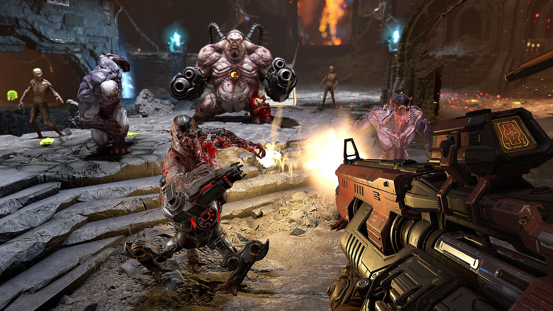 Doom Eternal gameplay with a shotgun aimed at charging demons