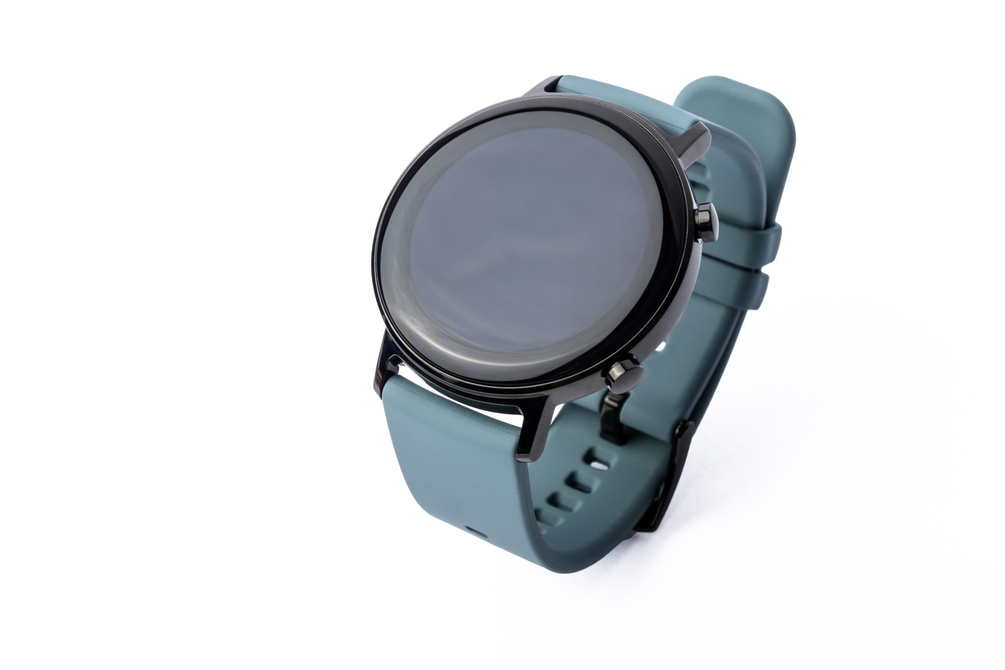 The Huawei Watch GT 2 with a grey-green strap standing on a white background
