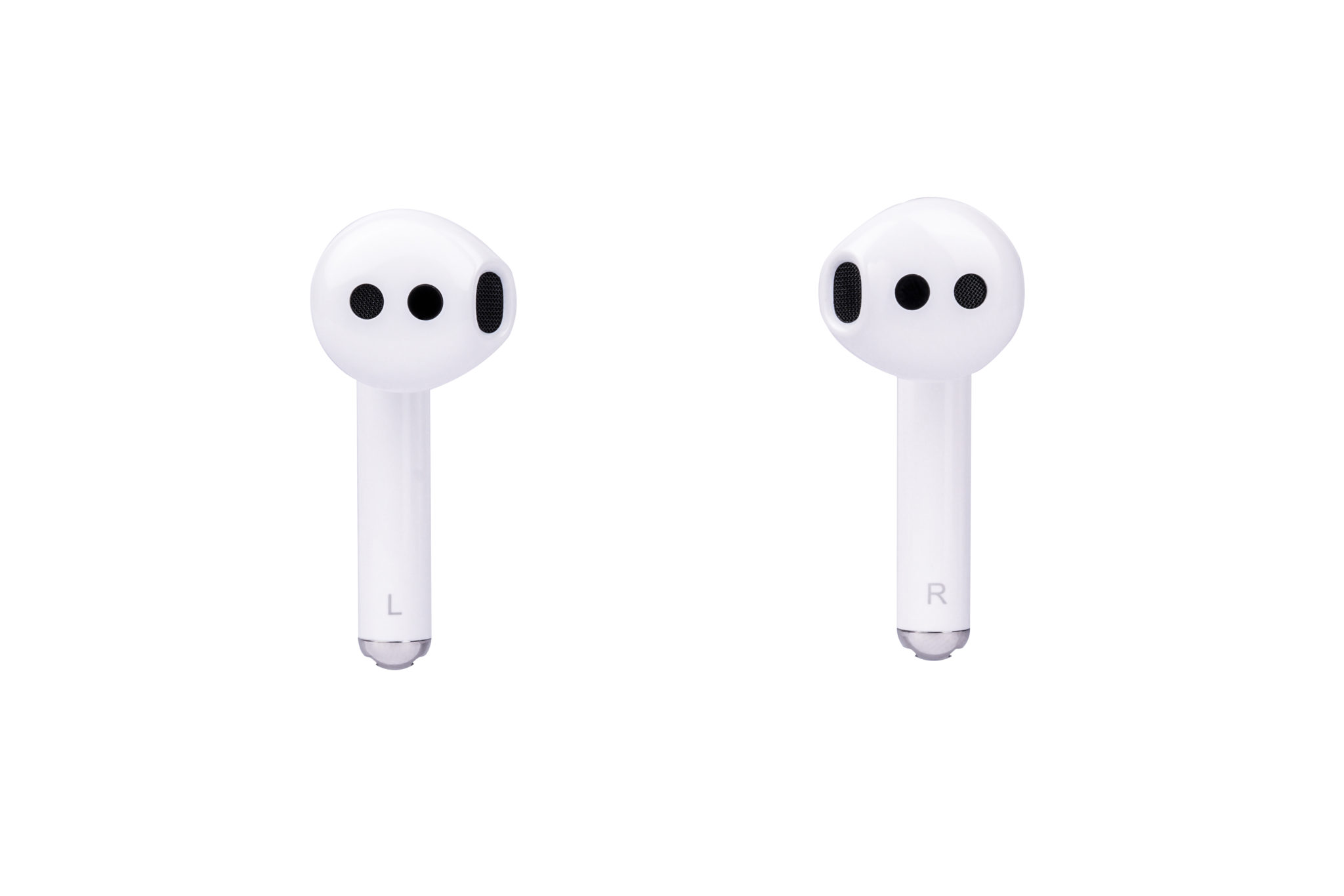 A pair of white Huawei Freebuds 3 earbuds with stems on a white background