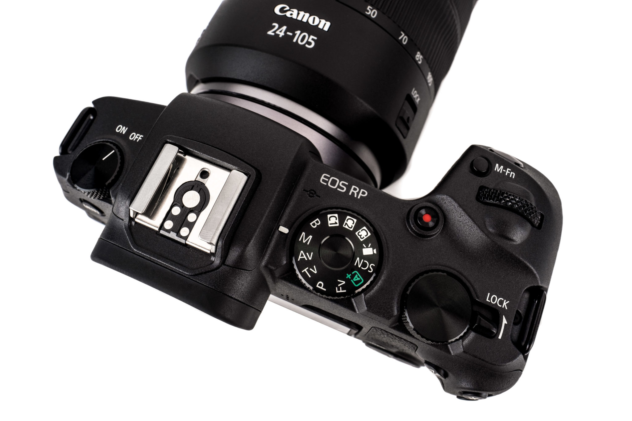 The top of the Canon EOS RP showing its mode dial and buttons