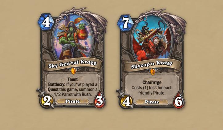 The Hearthstone cards Sky General Kragg and Skycap'n Kragg side by side