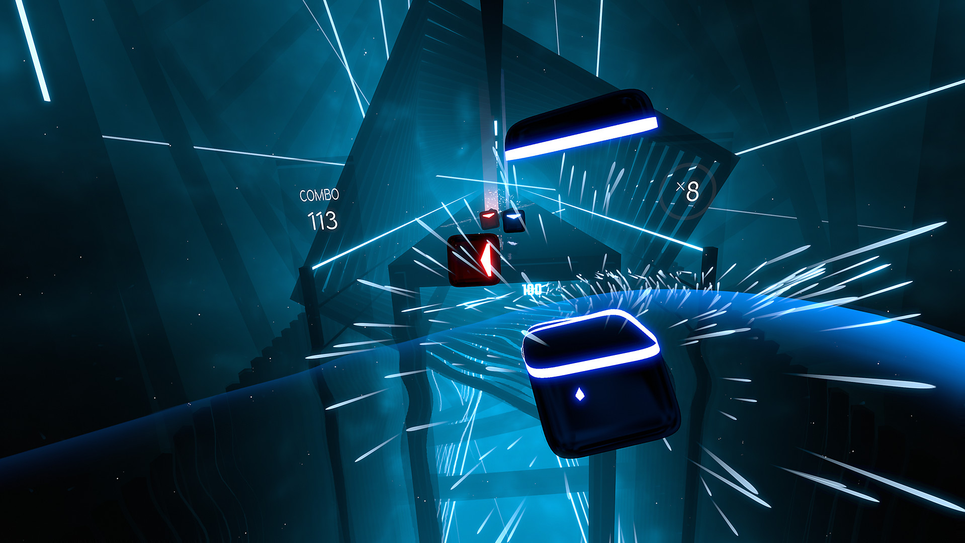 A Beat Saber scene with glowing blocks flying towards the player in a blue tunnel
