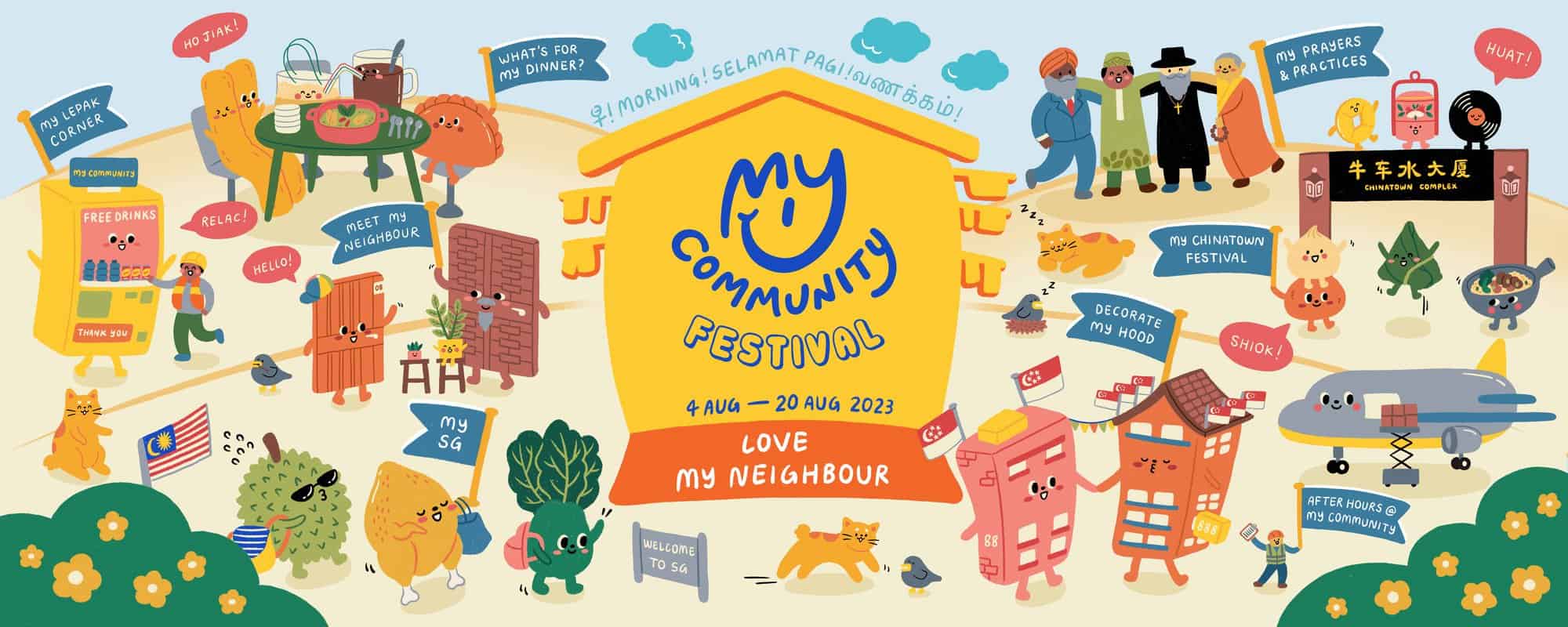 Illustrated poster for My Community Festival 2023, with colourful cartoon figures around a house-shaped logo
