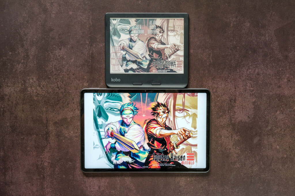 Kobo Libra Colour in side-by-side comparison with an LCD screen tablet