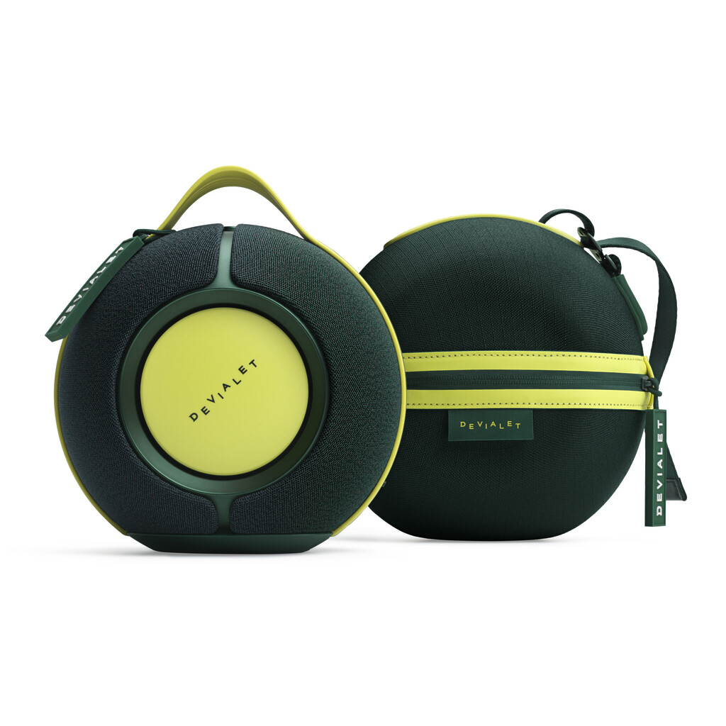 Devialet Mania Summer Moss Green with Cocoon Product Shot