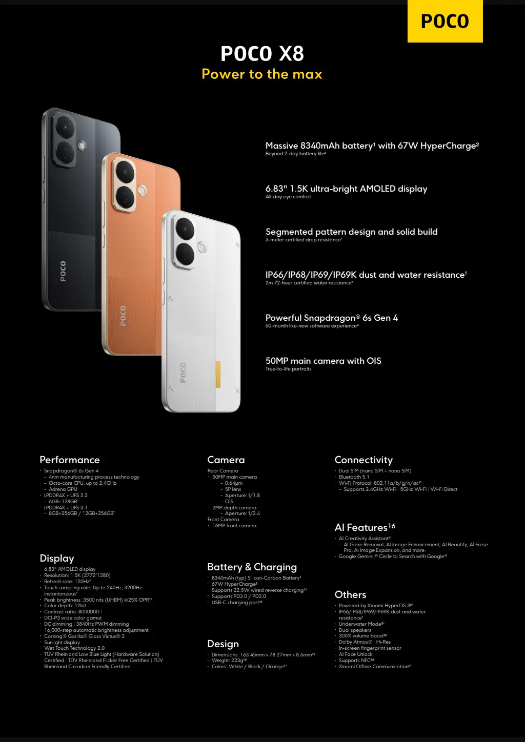 POCO X8 specification sheet listing battery, display and camera details