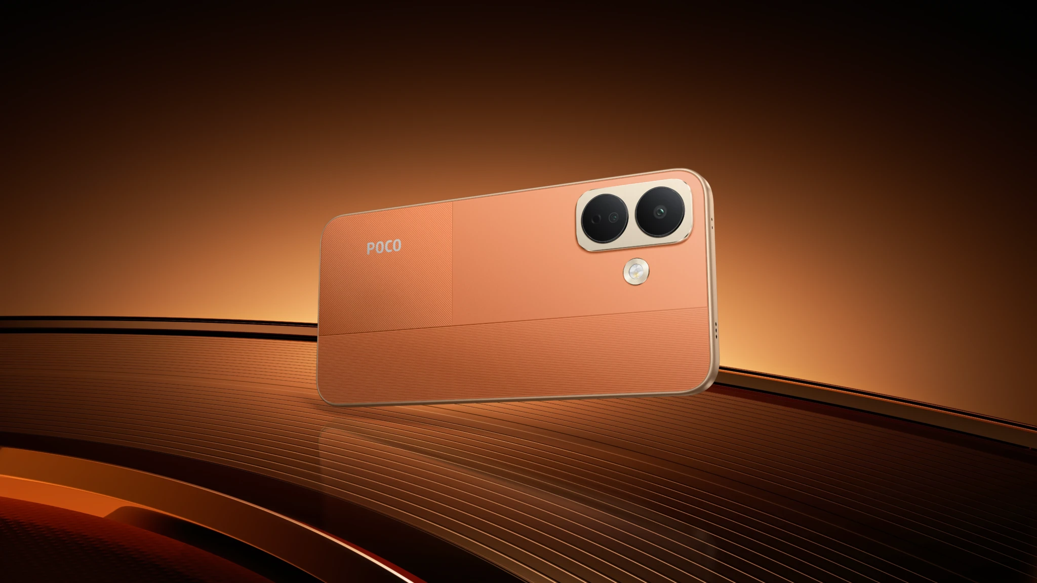 Textured orange rear panel of the POCO X8 with its dual camera module