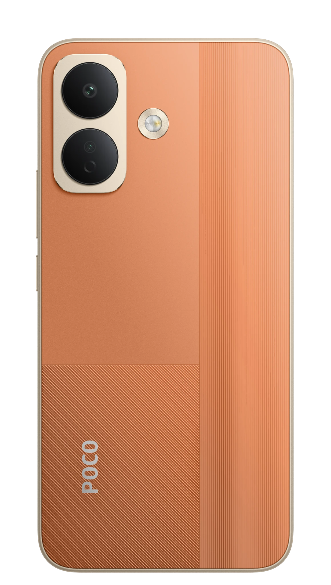 Back of an orange POCO X8 showing its gold-trimmed frame