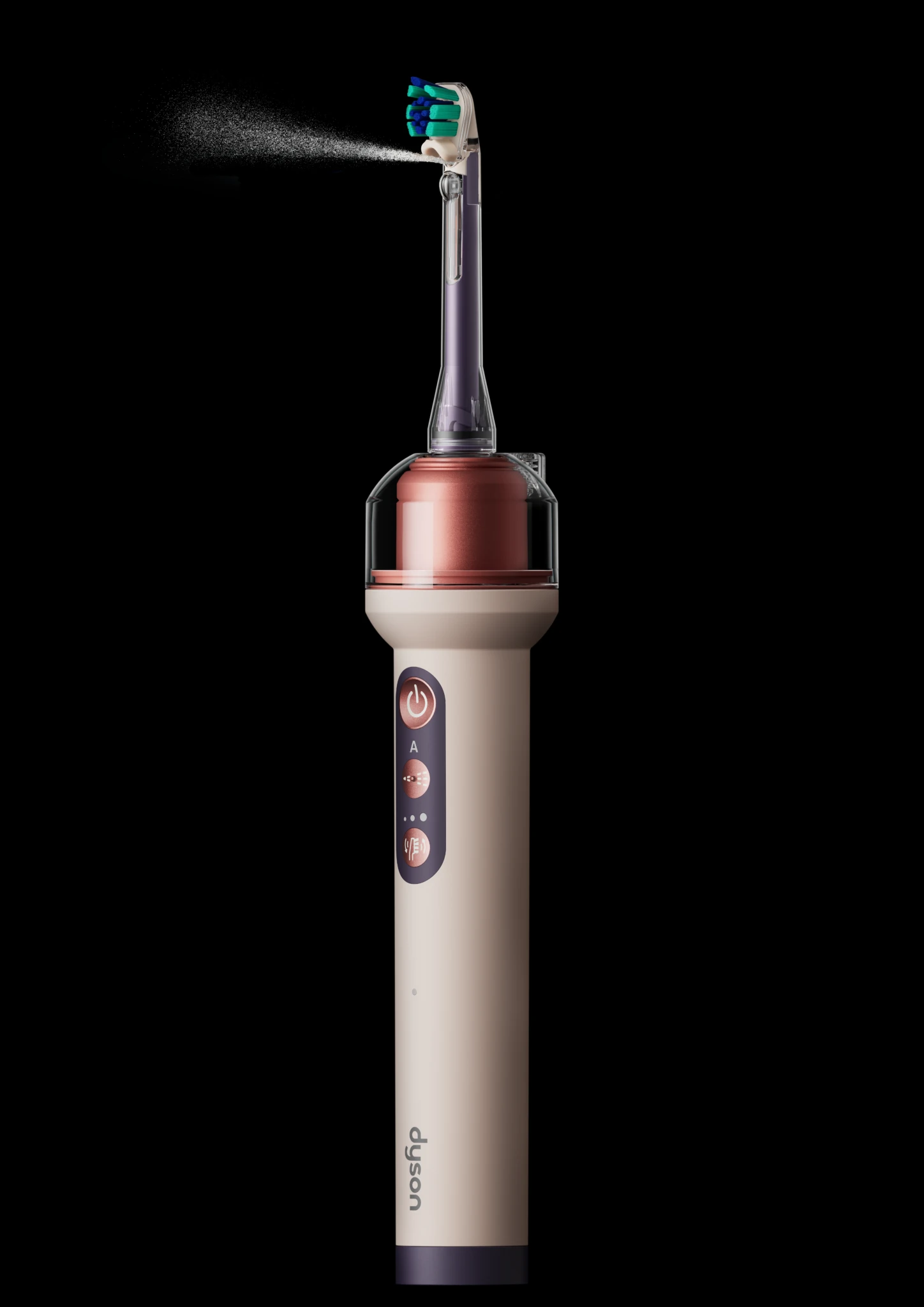 Dyson CameraJet toothbrush spraying a jet of mouthrinse from its brush head
