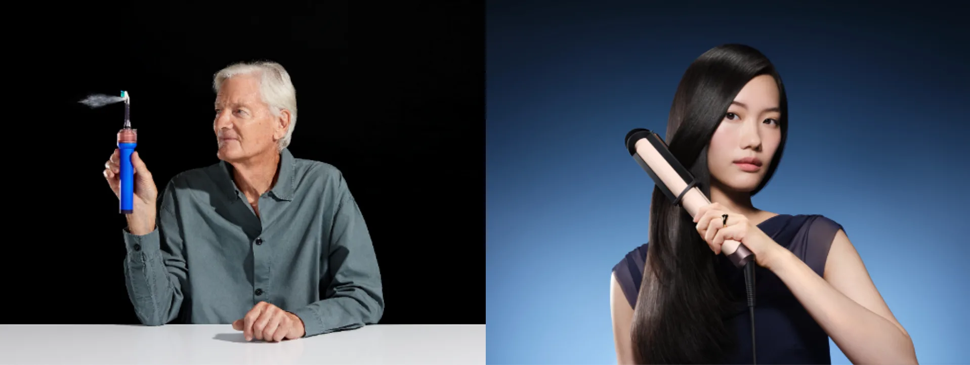 Composite of two Dyson hair care products, including a pink styler being used on long dark hair