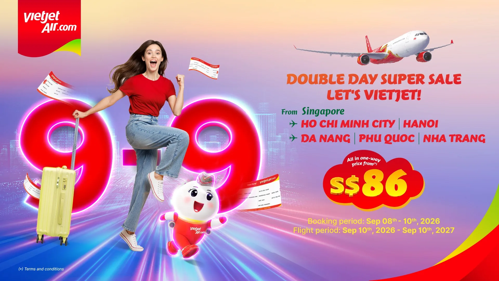 Vietjet 9.9 sale promotional graphic advertising Eco fares from SGD86 one-way on Singapore to Vietnam routes