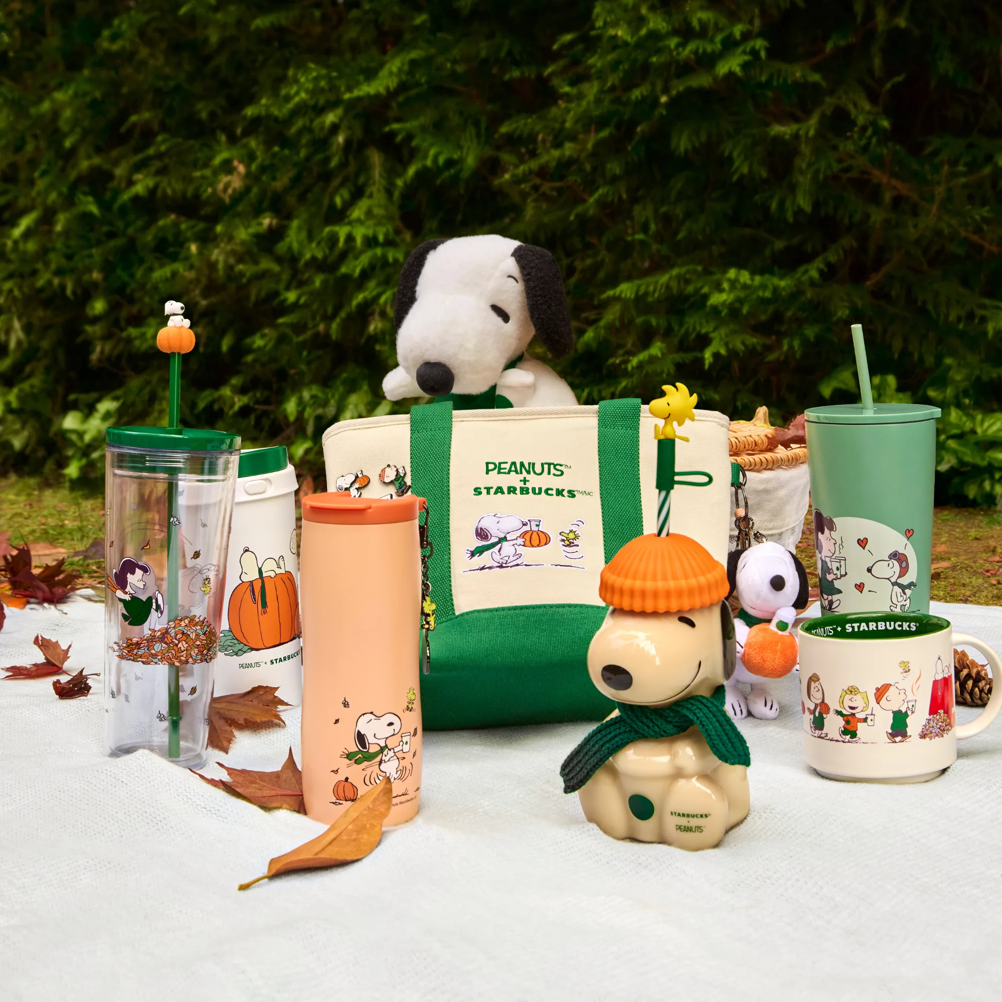 Peanuts and Starbucks autumn collection with Snoopy plush, tote bag, cups and tumblers