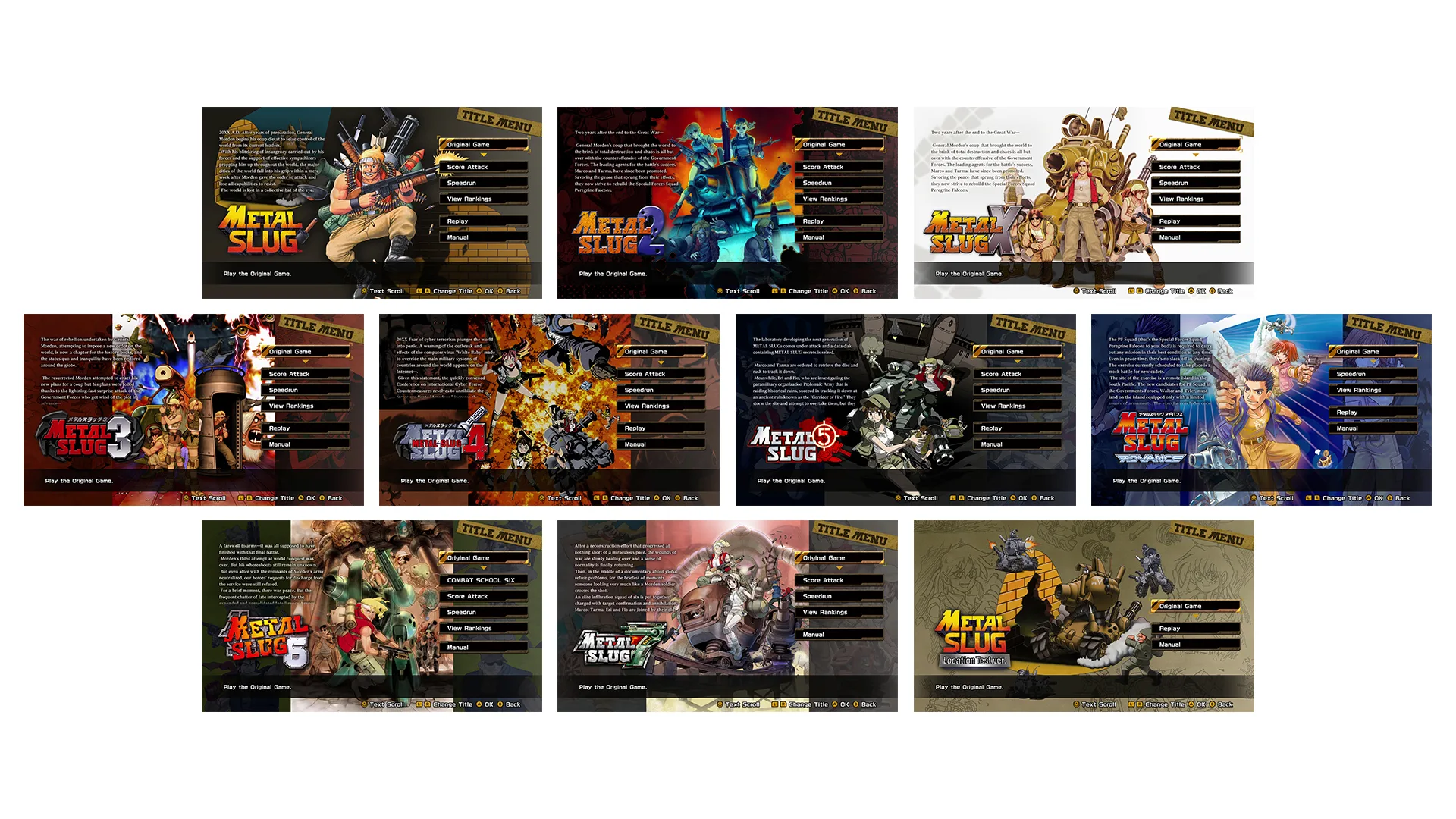 Game selection screens from Metal Slug Ultimate Collection showing the series' titles with character artwork and menu options