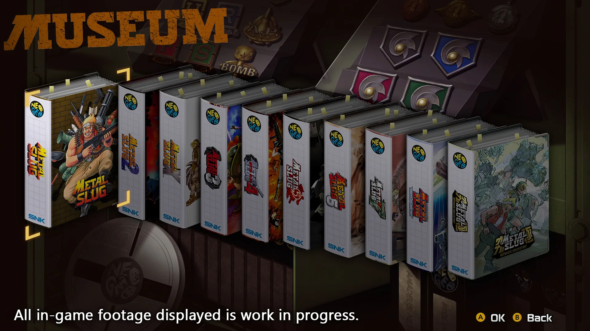 Museum mode display of game boxes from Metal Slug Ultimate Collection