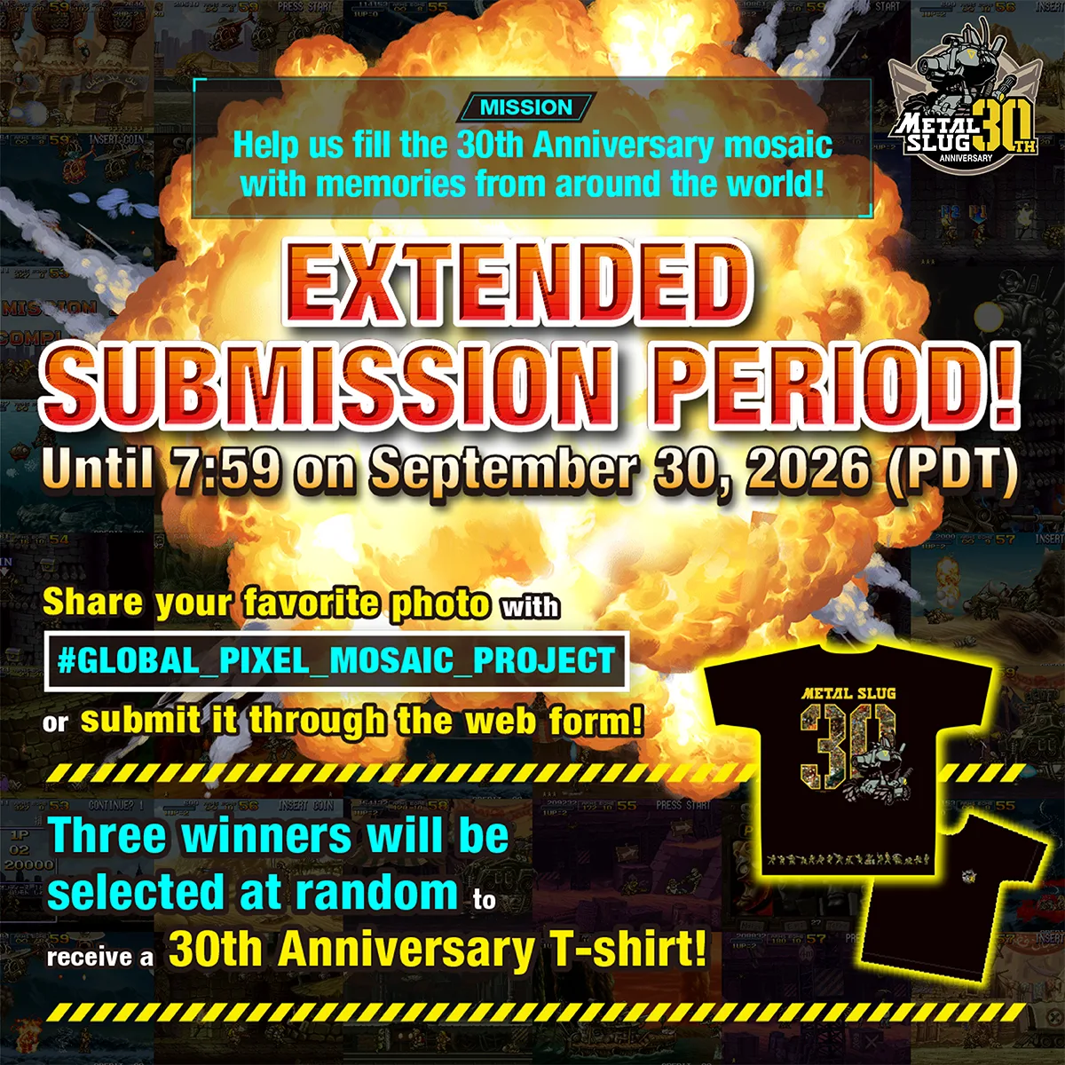 Global Pixel Mosaic Project promotional graphic for Metal Slug's 30th anniversary with the 30 September 2026 deadline and T-shirt prize
